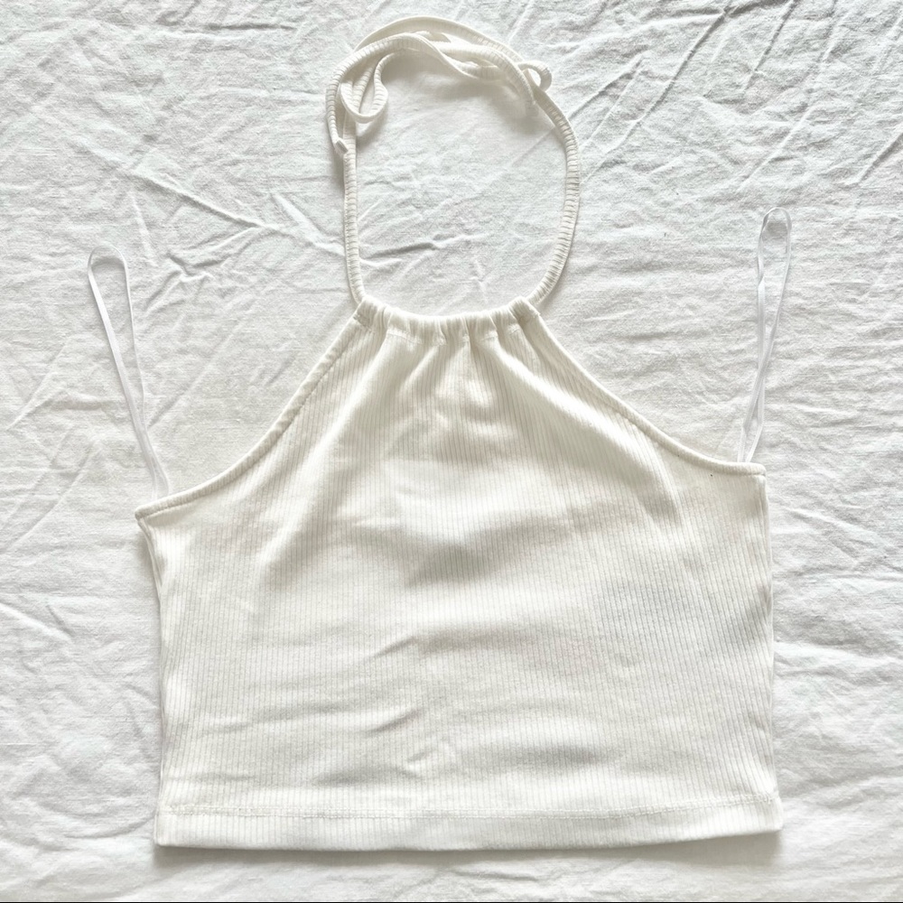 PIECES Ribbed Cotton Knit Halter Crop Top in White size XS